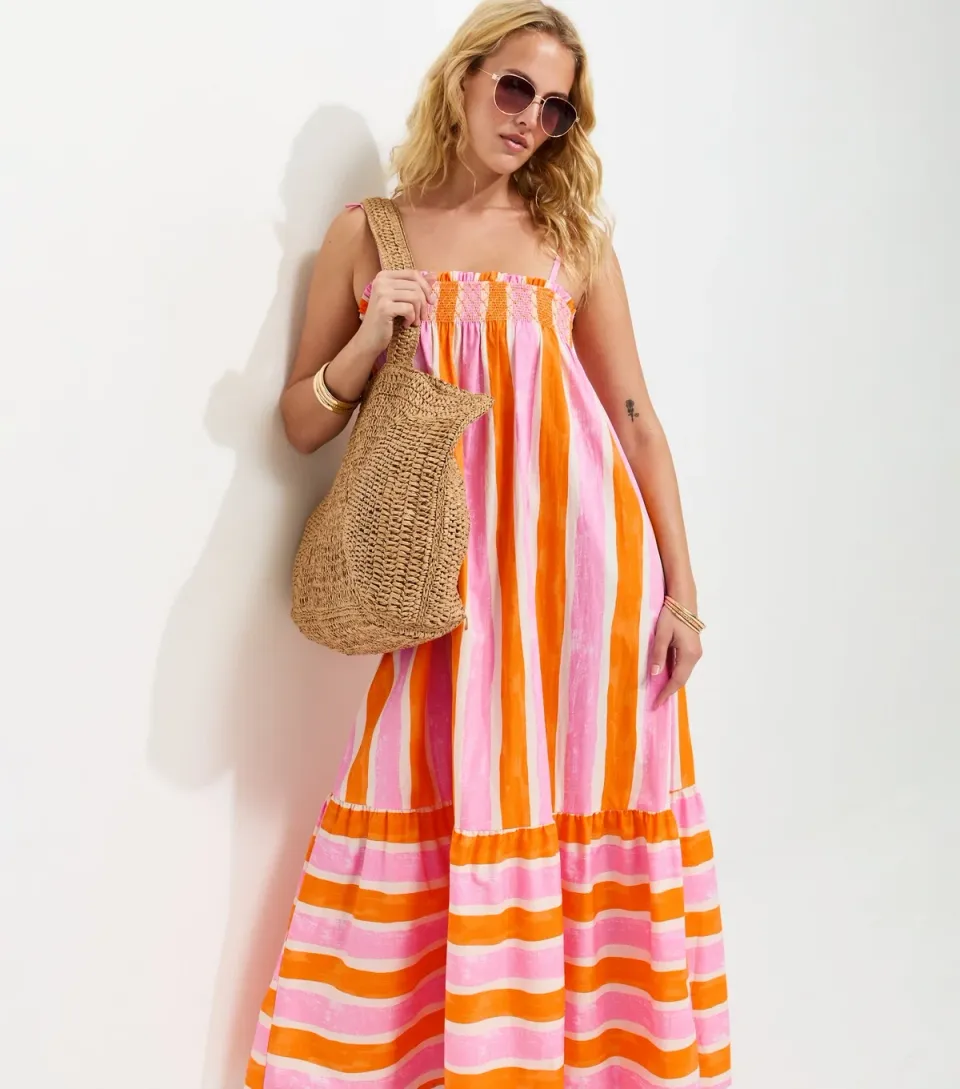 Women's Tall Orange Cotton Stripe Strappy Midi Dress