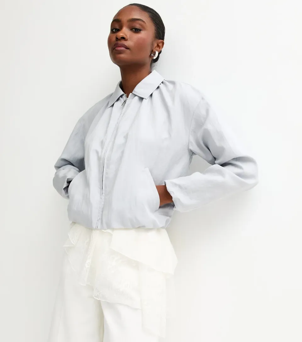 Women's Light Blue Bubble Hem Bomber Jacket
