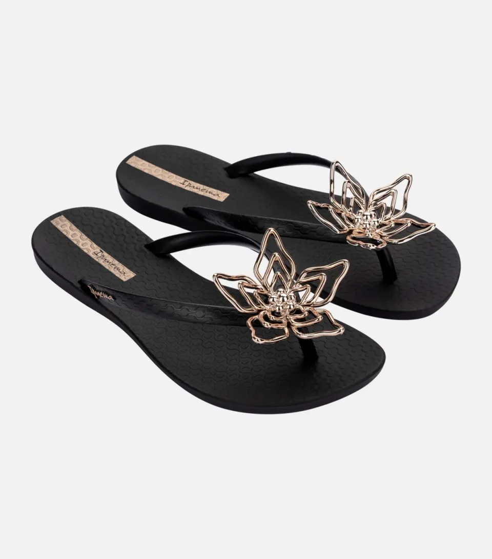 Women's Black Maxi Flower Flip Flops