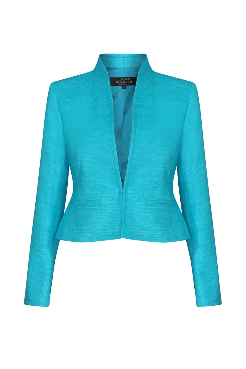 Short Fitted Jacket in Turquoise Plain Raw Silk Tussar - Margo