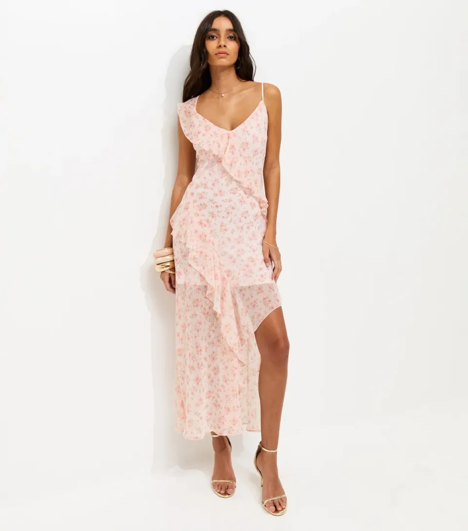 Women's Light Pink Floral Chiffon Ruffle Midi Dress