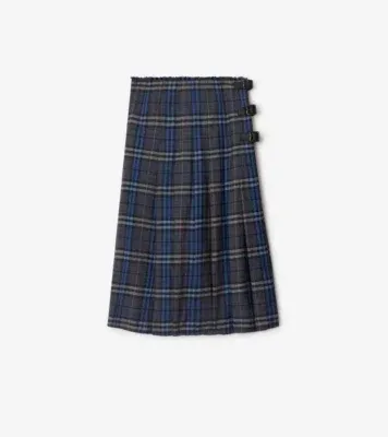 Check Wool Midi Kilt in Bright oxford blue/light granite