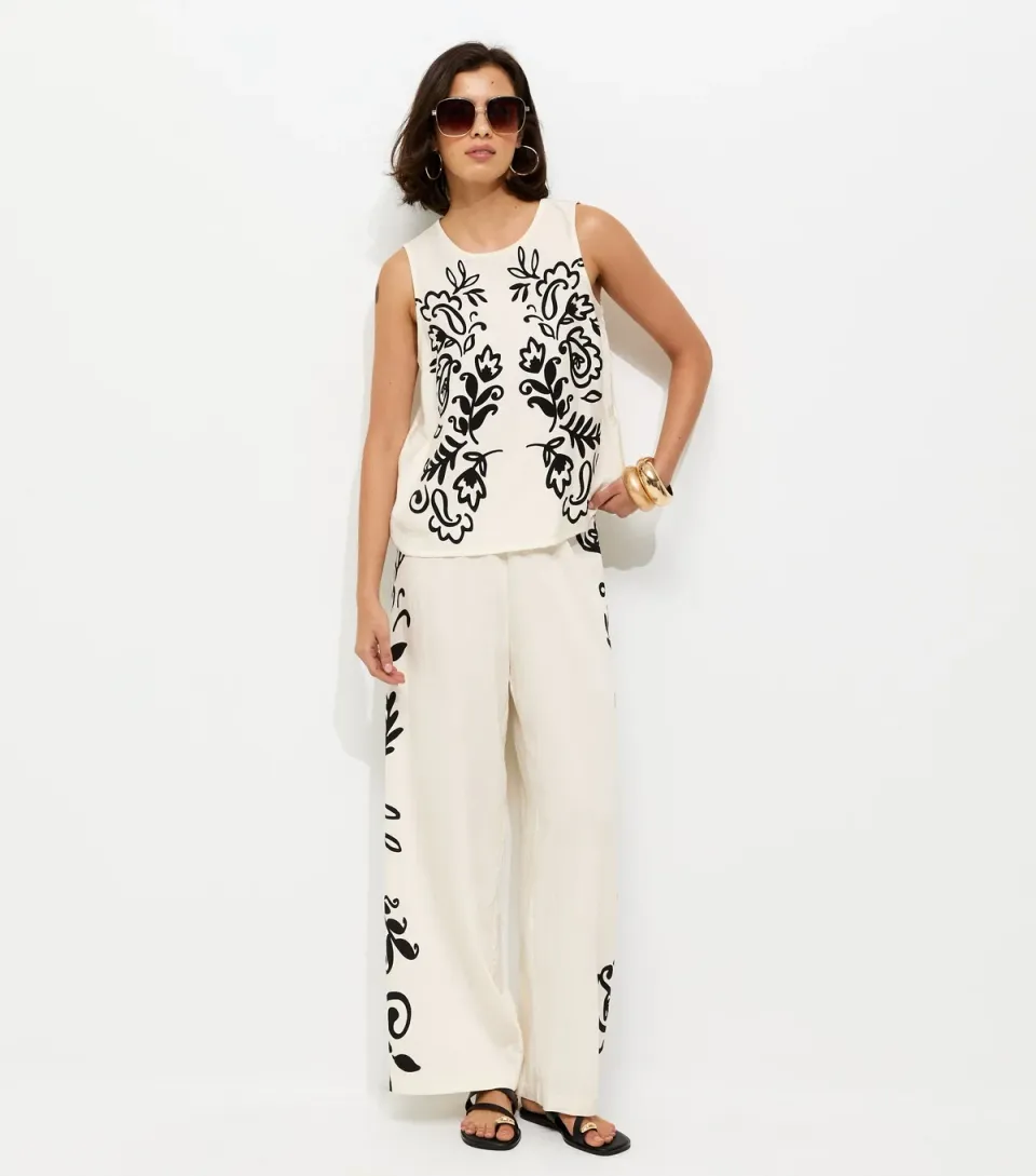 Women's Cream and Black Floral Side Wide Leg Trousers