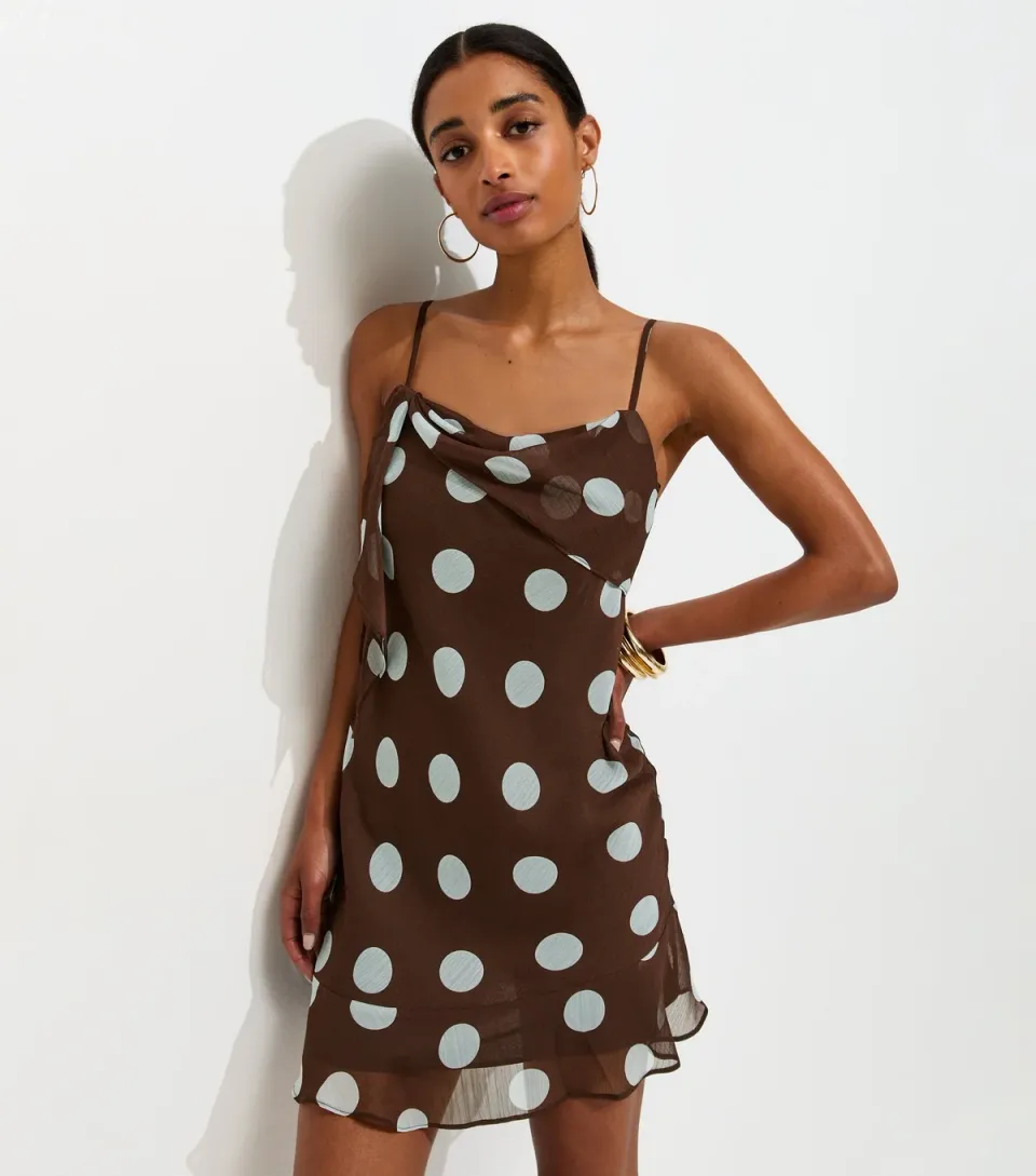 Women's Dark Brown Chiffon Polka Dot Mini Dress