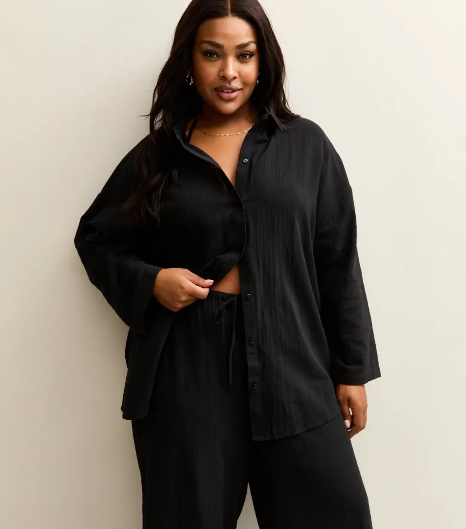 Women's Plus Size Black Long Sleeve Cotton Slub Beach Shirt Curves