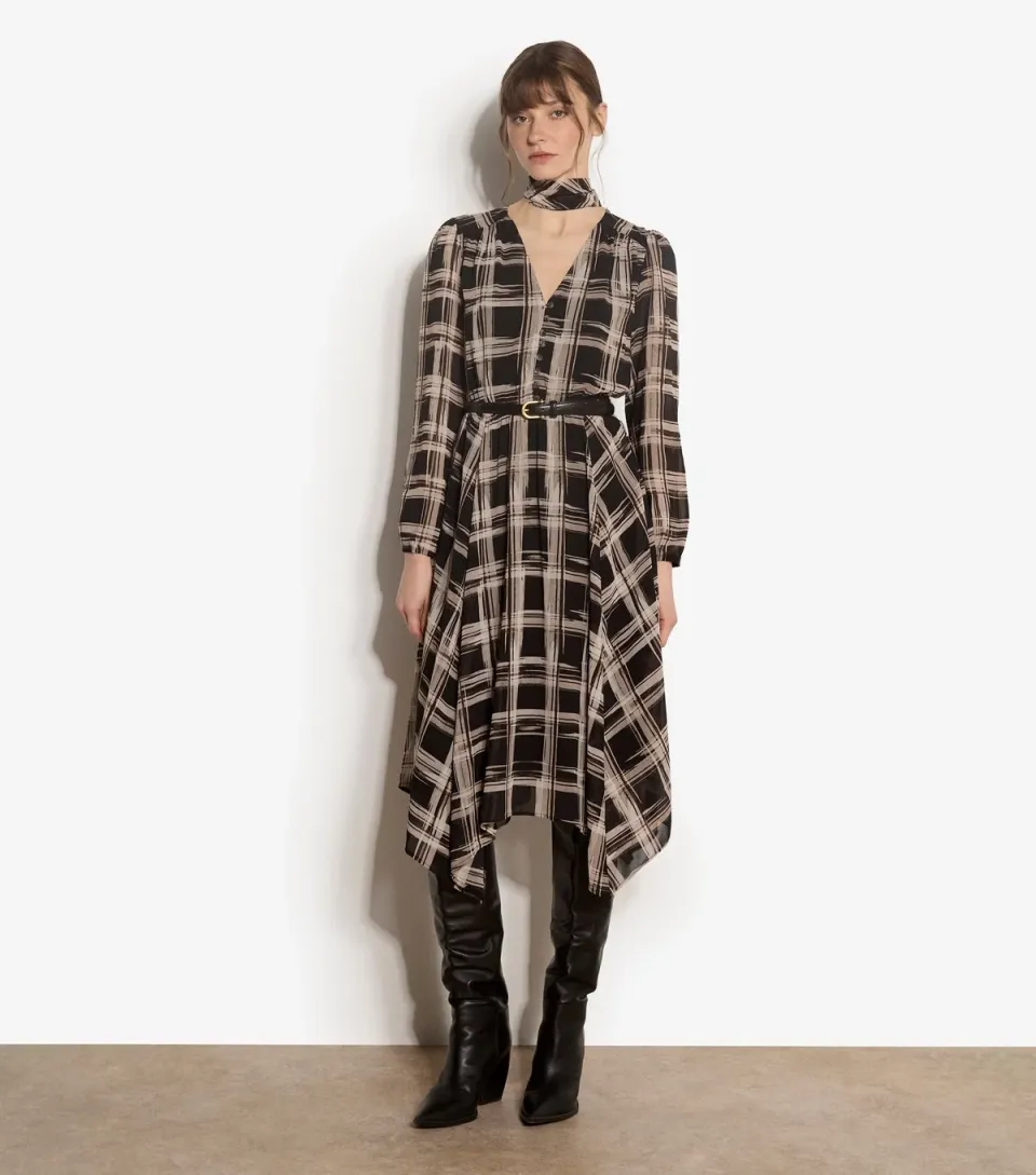 Women's Black Checked Midi Dress