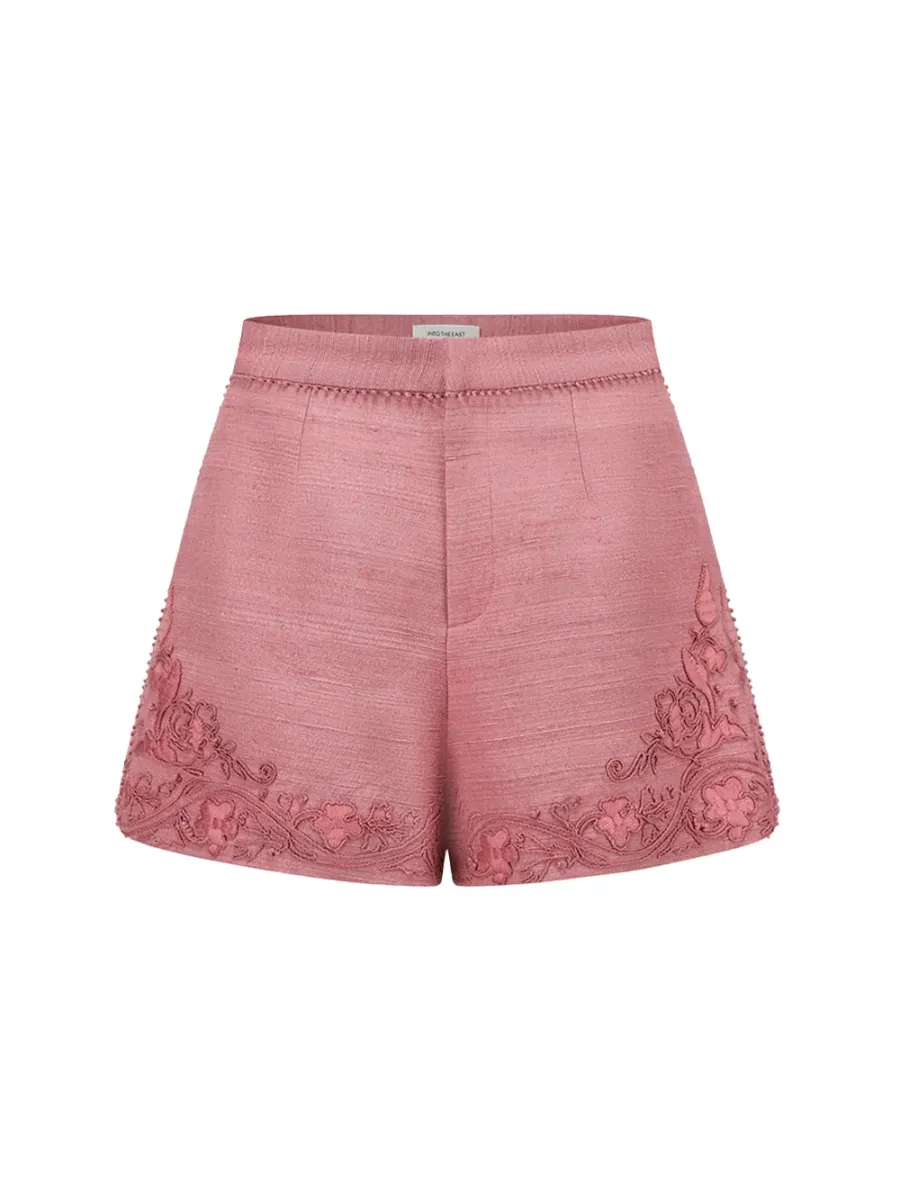 Soft Pink Women embroidered tussah silk shorts