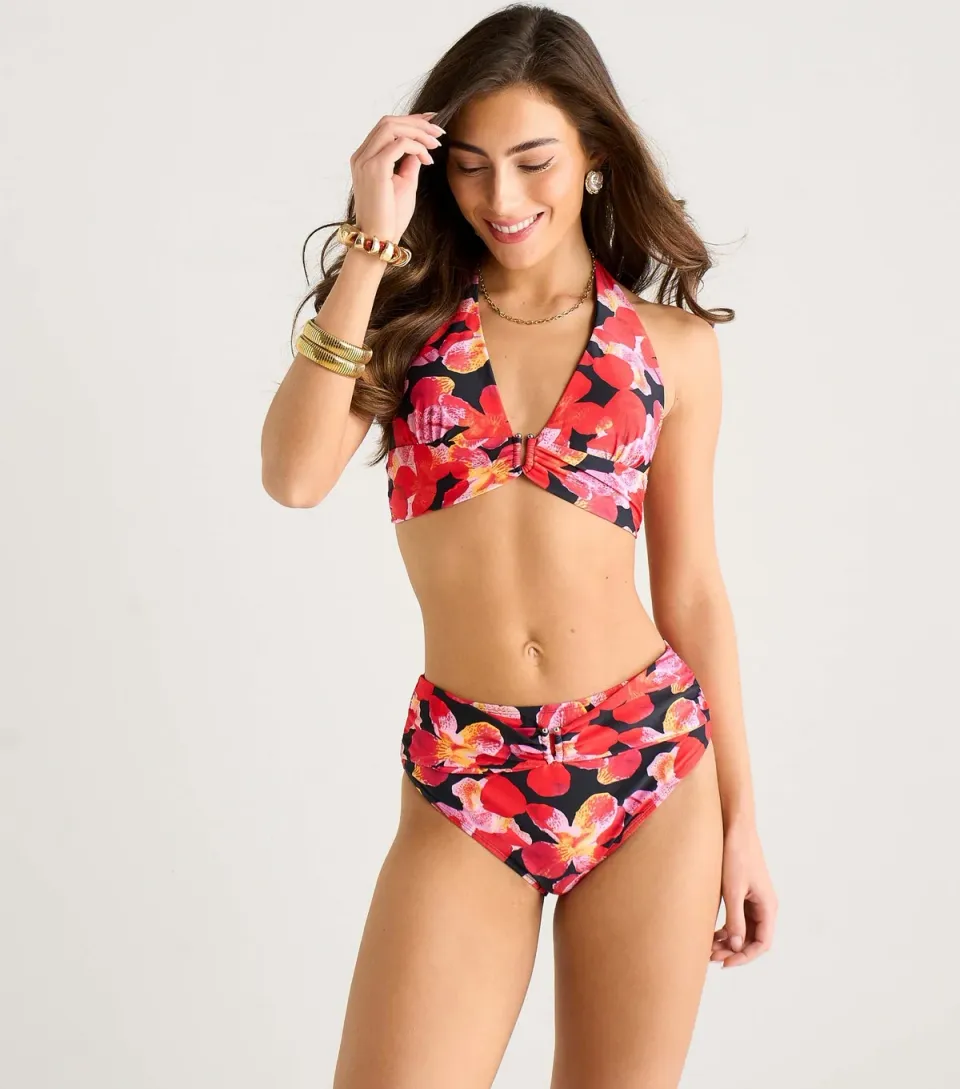 Women's Black Floral Print Halter Neck Bikini Top