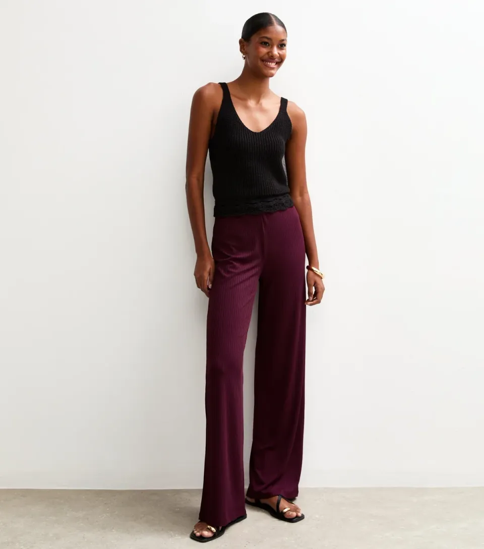 Women's Dark Burgundy Ribbed Wide Leg Trousers
