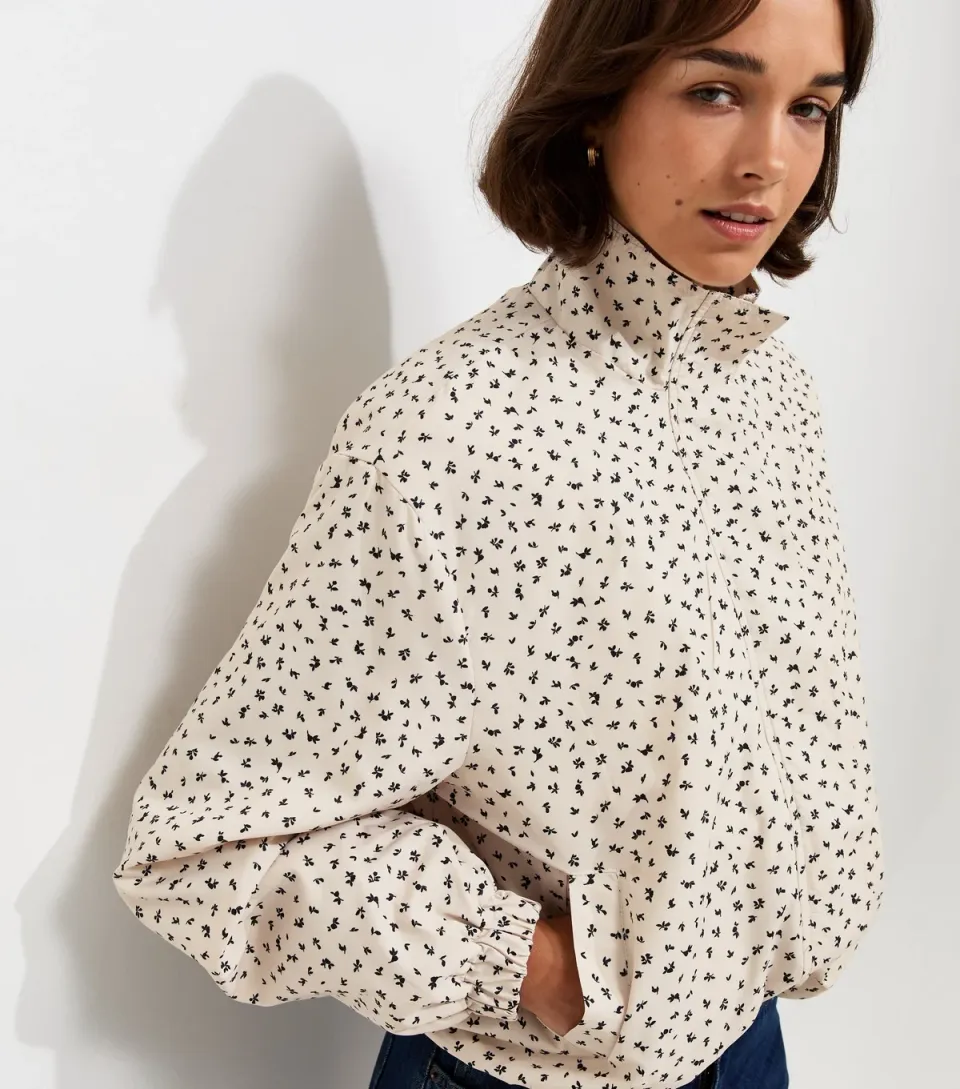Women's Cream Ditsy Floral Bubble Hem High Neck Jacket