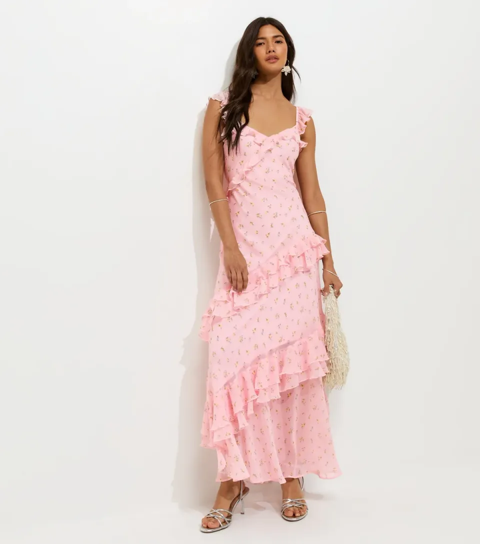 Women's Pink Vintage Floral Print Ruffle Trim Maxi Dress
