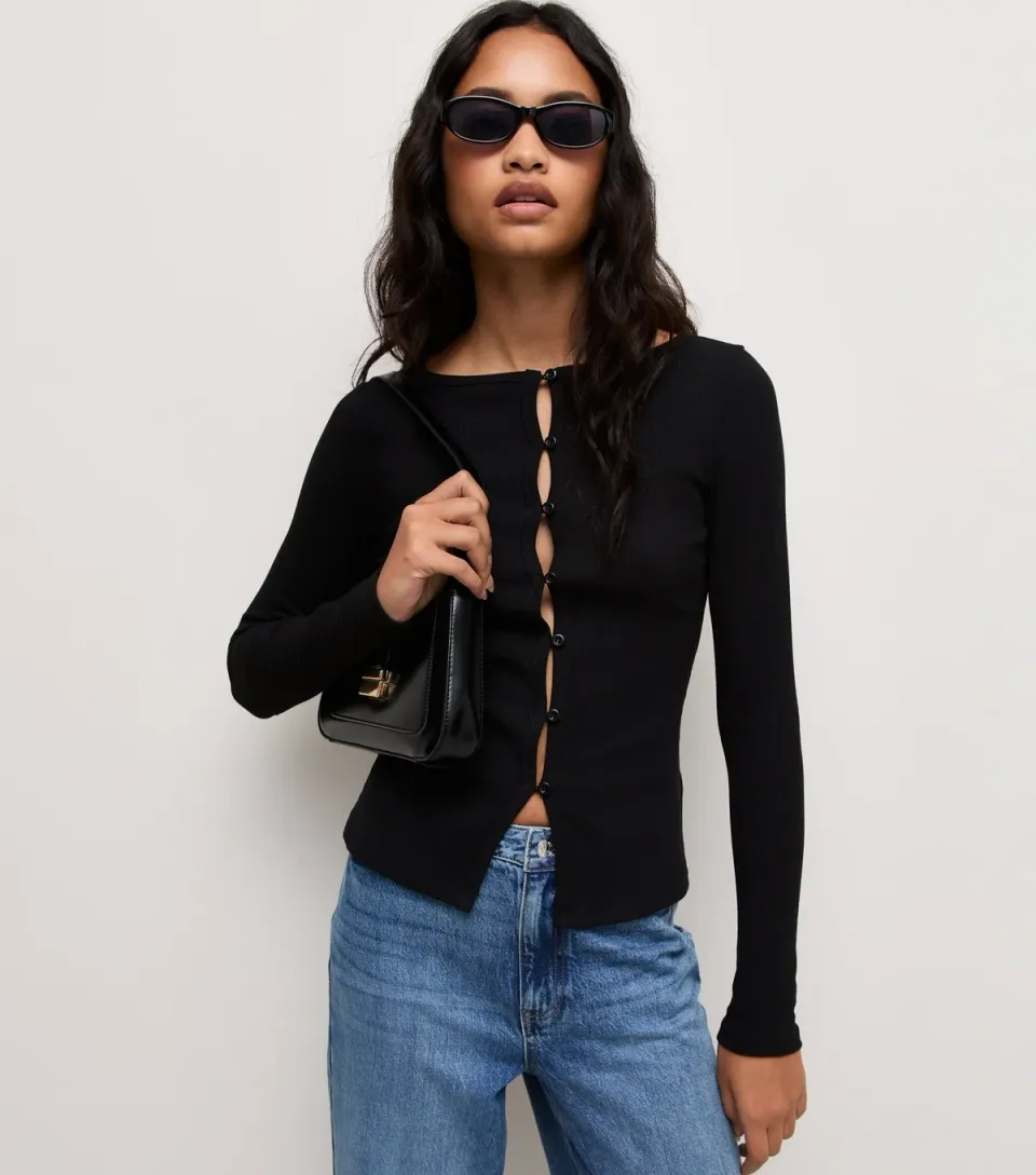 Women's Black Cotton Rich Button Through Long Sleeve Top