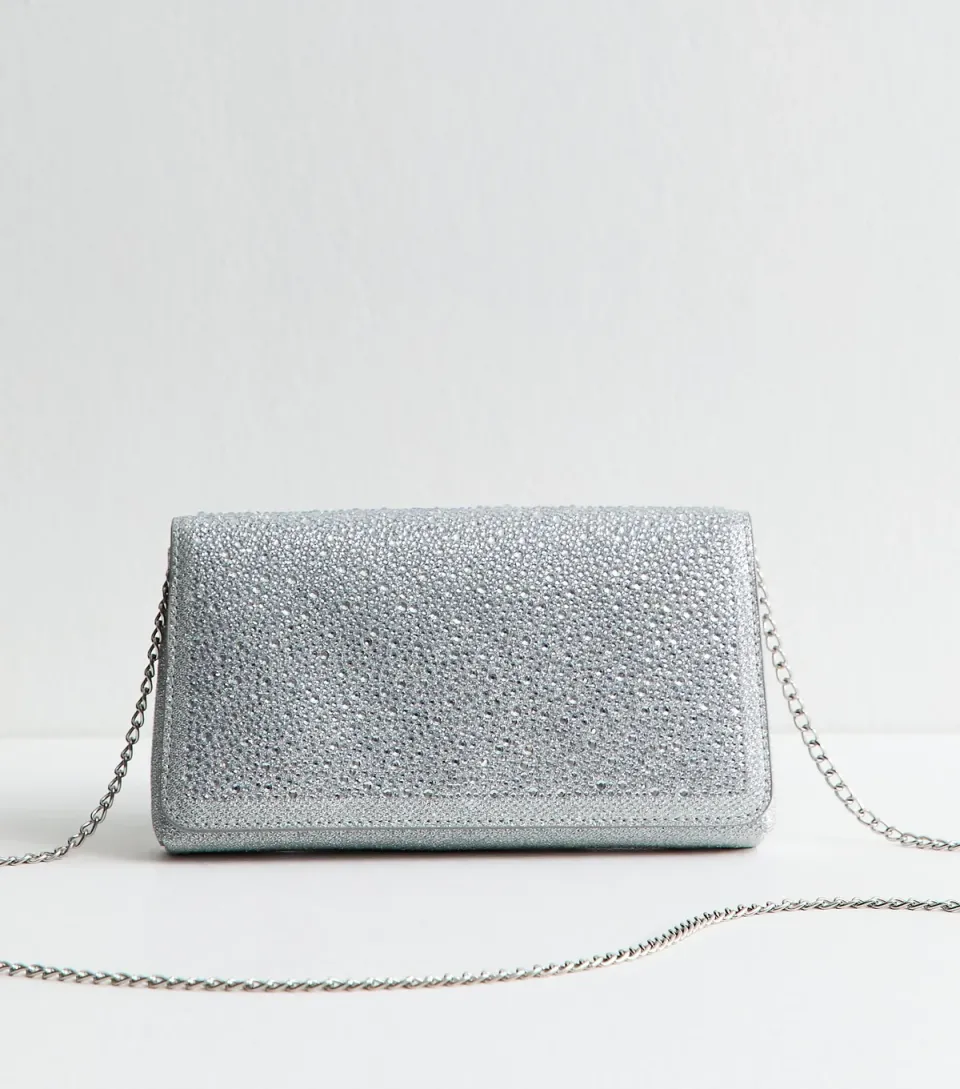 Silver Diamanté Embellished Chain Shoulder Bag