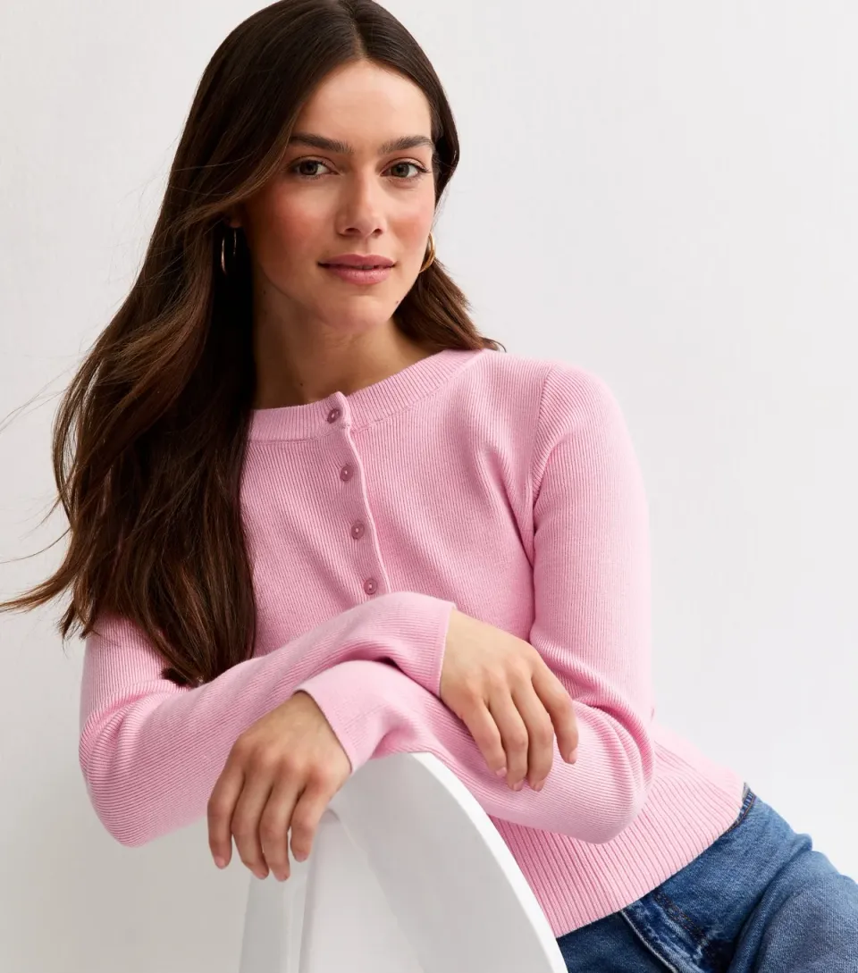 Women's Petite Pink Lightweight Knit Crew Neck Cardigan