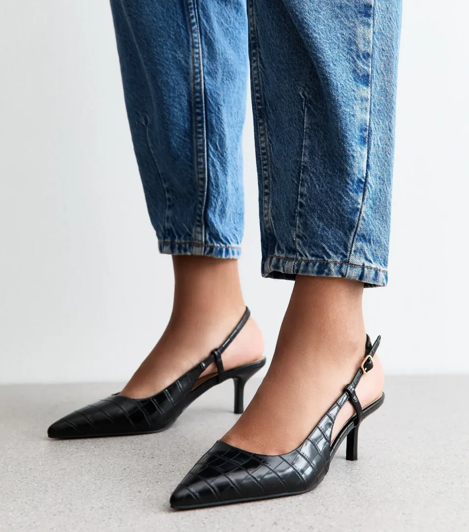 Women's Black Faux Leather Crocodile Effect Slingback Pumps Vegan
