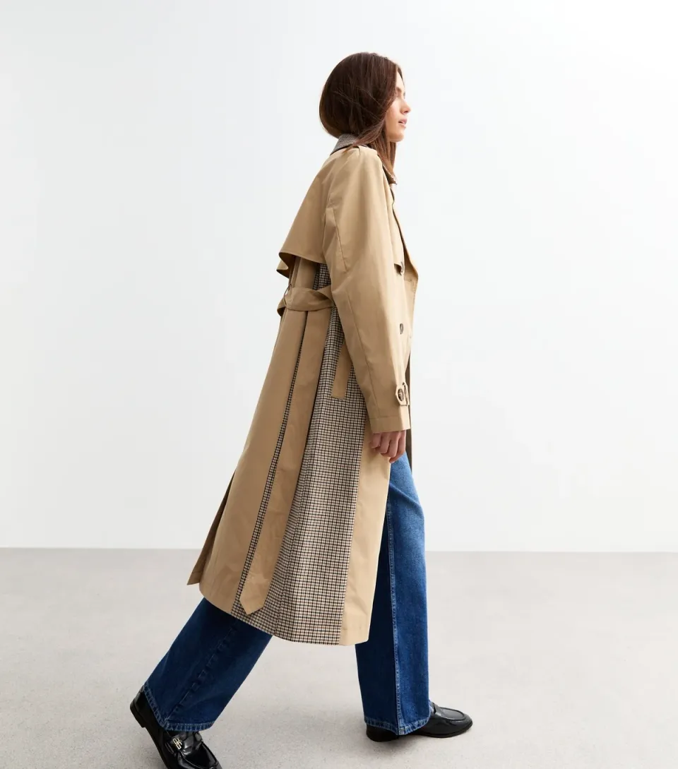 Women's Beige Check Trimmed Trench Coat