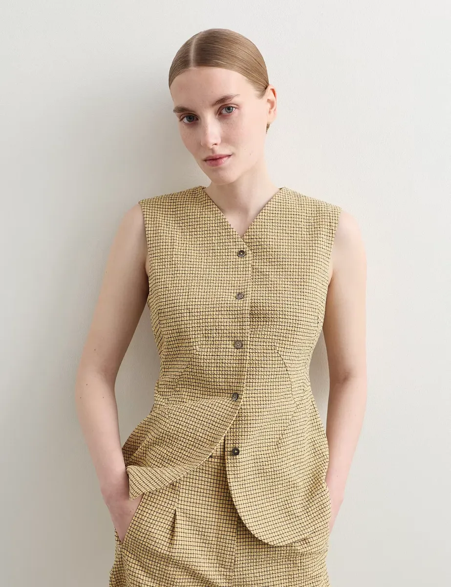 Cotton Rich Checked Seersucker Waistcoat Yellow Mix