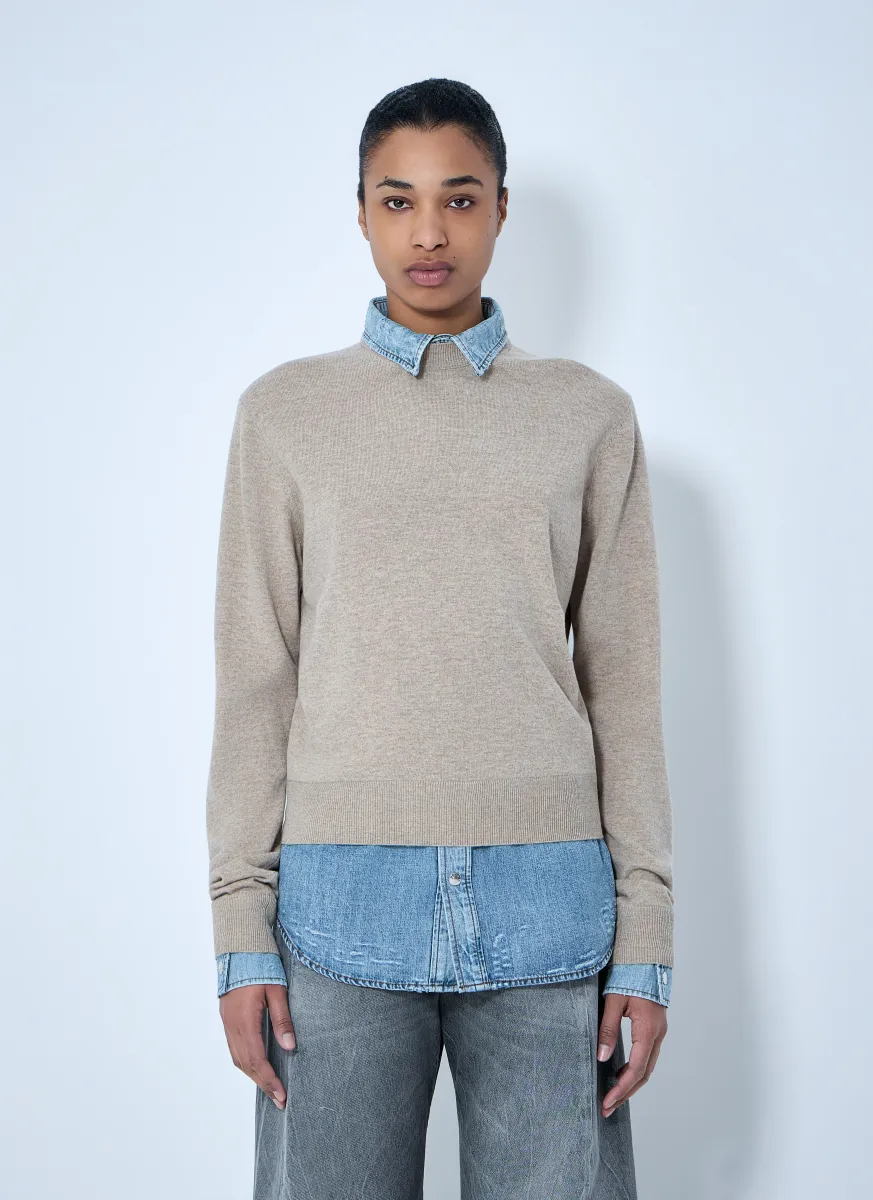 Layered Knit Sweater with Denim Shirt Detail