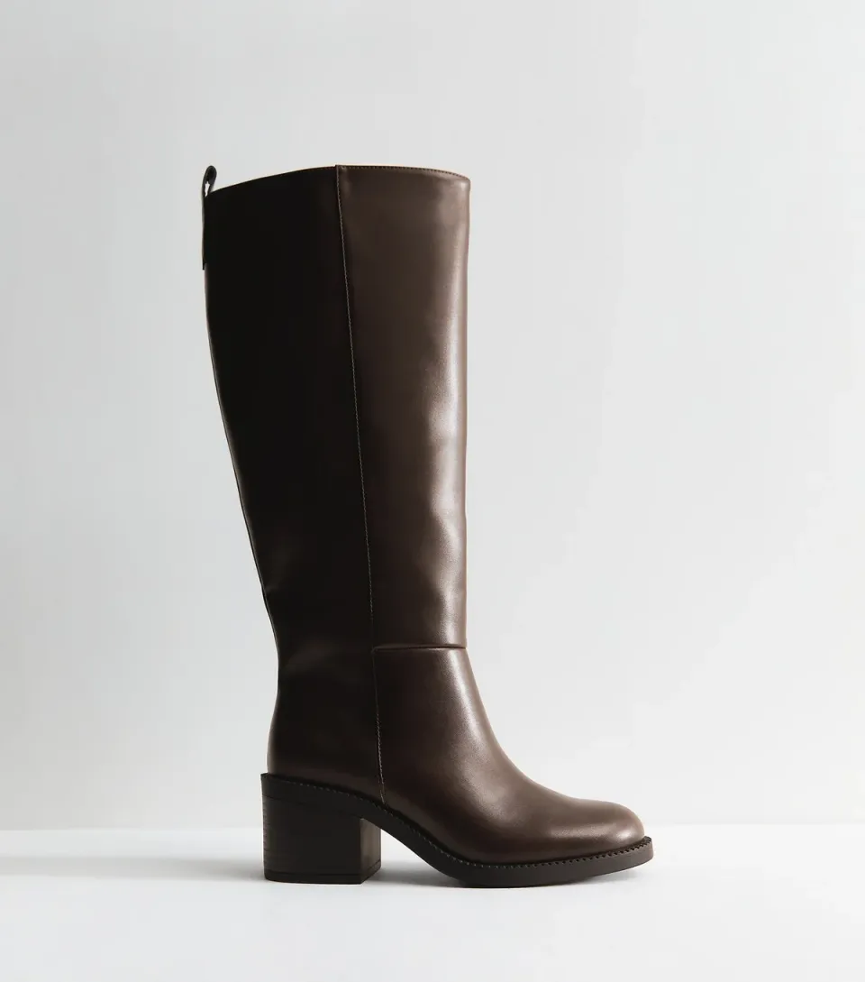 Women's Dark Brown Faux Leather Heeled Knee High Boots Vegan
