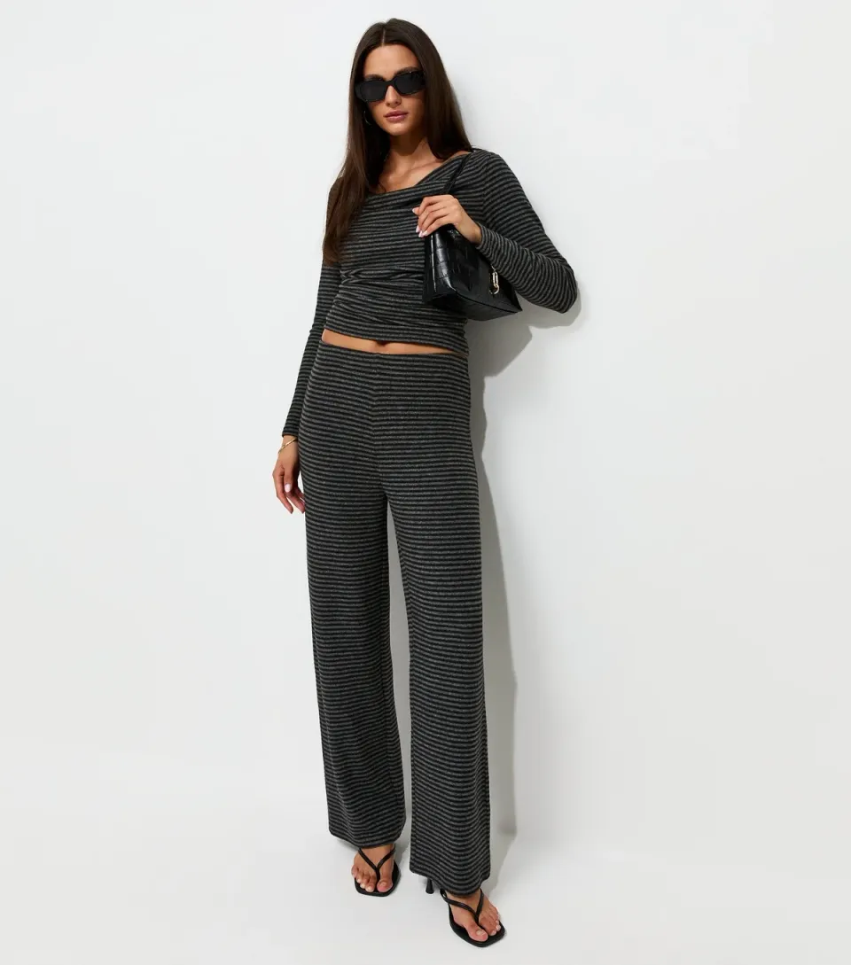 Women's Grey Soft Touch Striped Wide Leg Trousers