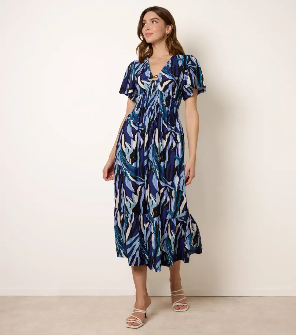 Women's Navy Abstract Print Front Ring Midi Dress