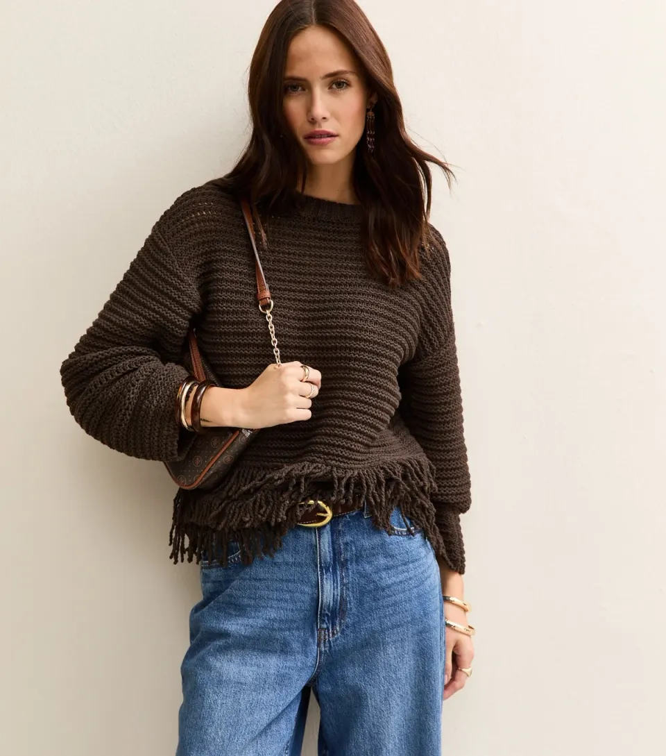 Women's Dark Brown Heavy Knit Fringe Hem Jumper