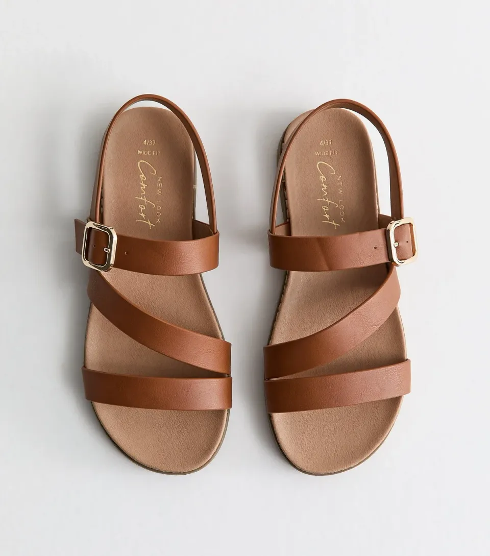 Women's Wide Fit Tan Faux Leather Strappy Flat Sandals Vegan