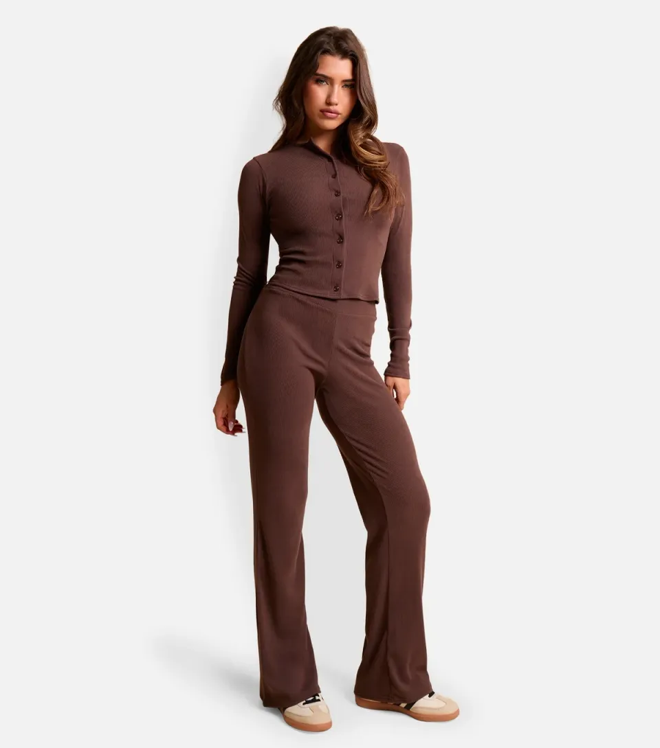 Women's Dark Brown Ribbed Button Long Sleeve Top
