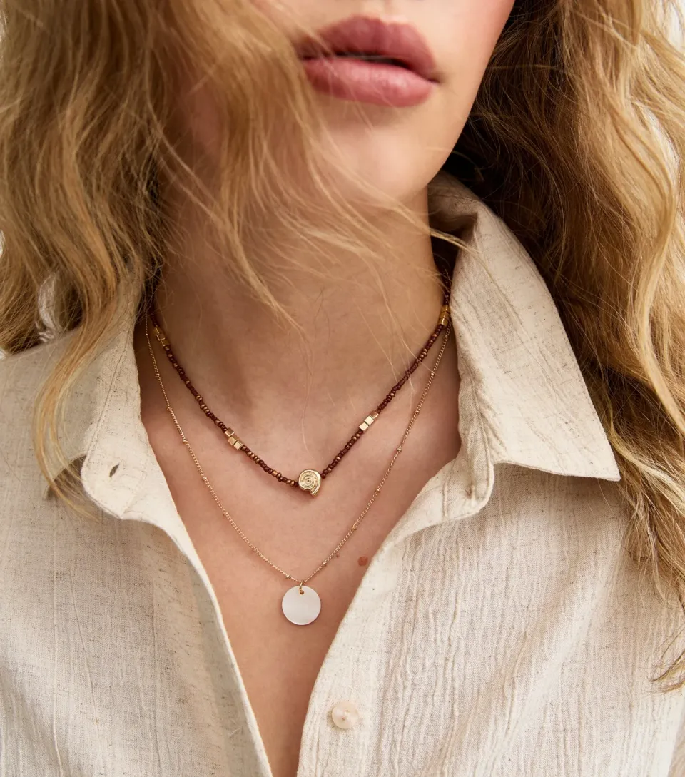 Gold Tone Layered Beaded Shell Necklace