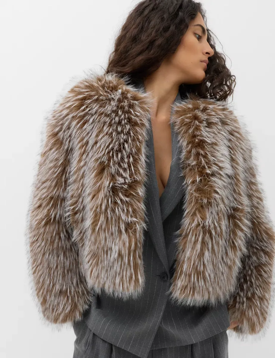 Faux Fur Tipped Short Jacket Brown Mix
