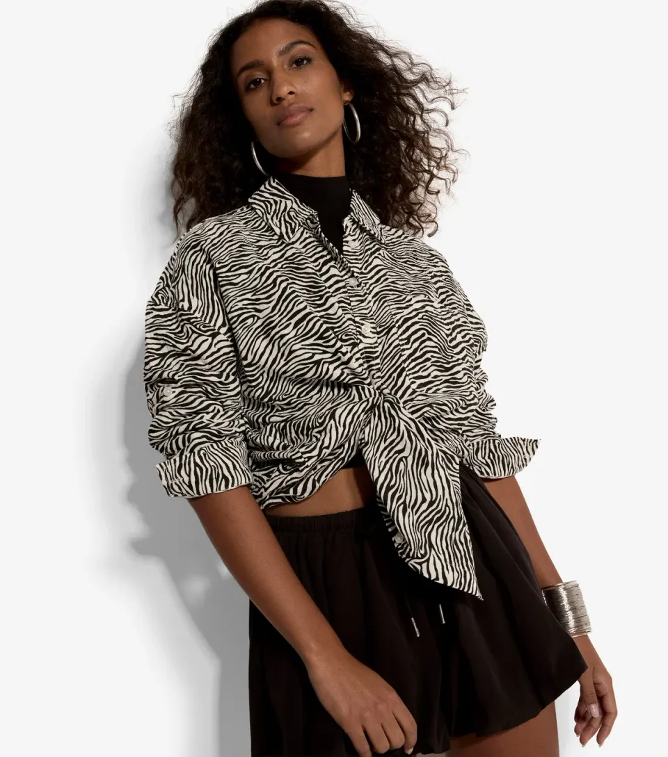 Women's Black Cotton Zebra Print Over Shirt