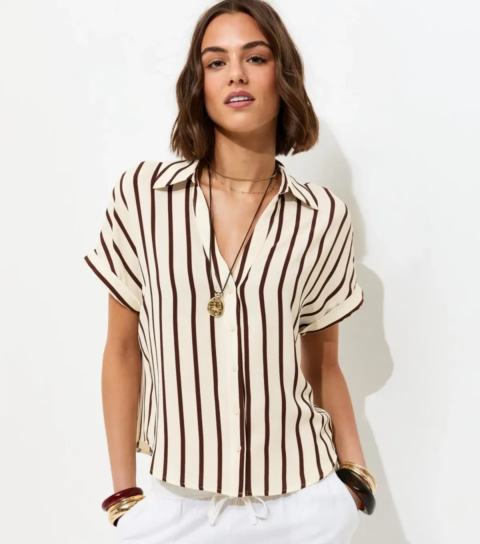 Women's Brown Striped Short Sleeve Shirt