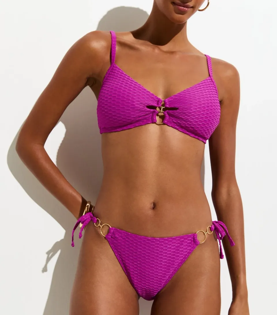 Women's Purple Textured Ring Detail Tie Side Bikini Bottoms