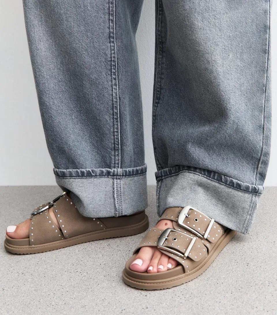 Women's Light Brown Faux Suede Studded Sandals