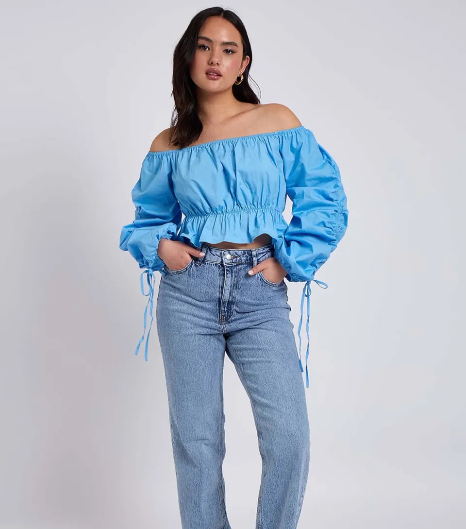 Women's Blue Ruched Sleeve Bardot Top