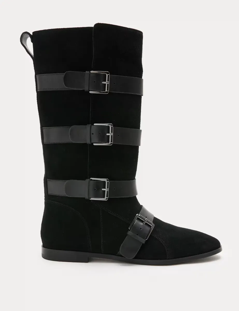 Suede Buckle Strap Mid Calf Flat Boots Black