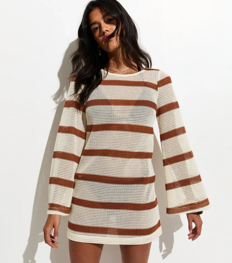 Women's Brown Striped Scoop Back Crochet Knit Kaftan