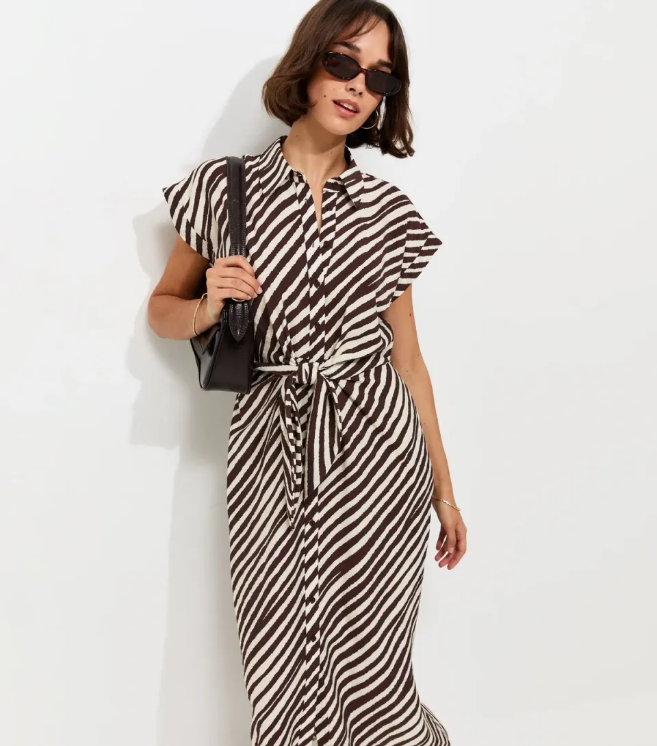 Women's Brown Striped Tie Short Sleeve Midi Shirt Dress