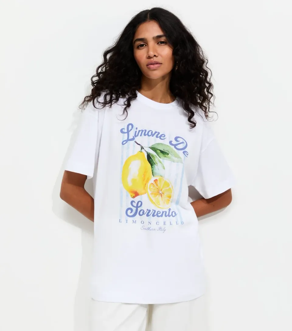 Women's White Lemon Print Oversized Print T-Shirt
