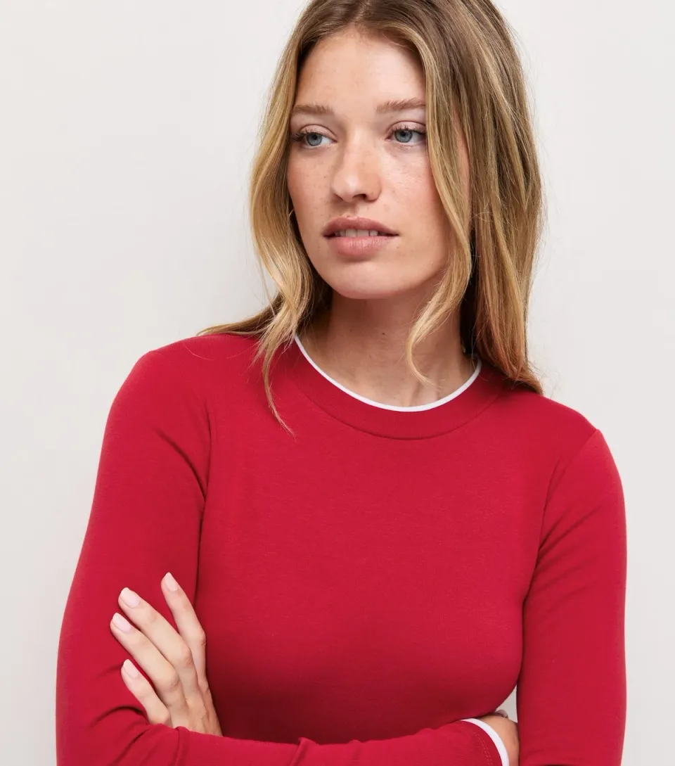 Women's Bright Red Cotton Rich Double Layer Long Sleeve Top