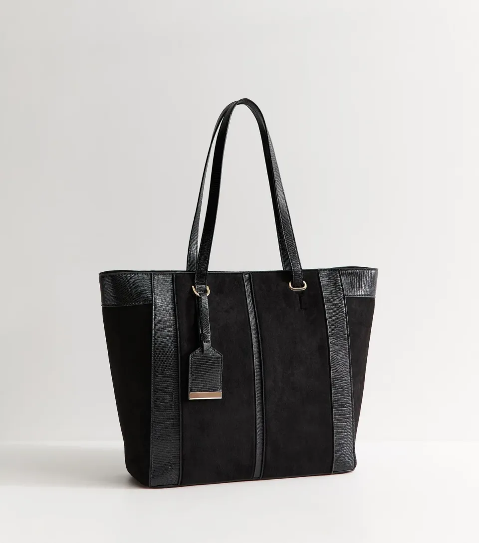Black Faux Suede Textured Panel Tote Bag School Vegan