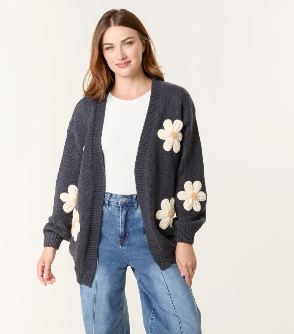 Women's Navy Daisy Applique Cardigan