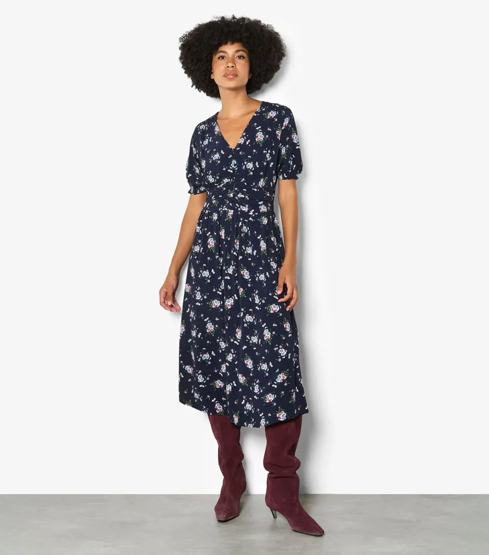Women's Navy Floral Button Front Midi Dress