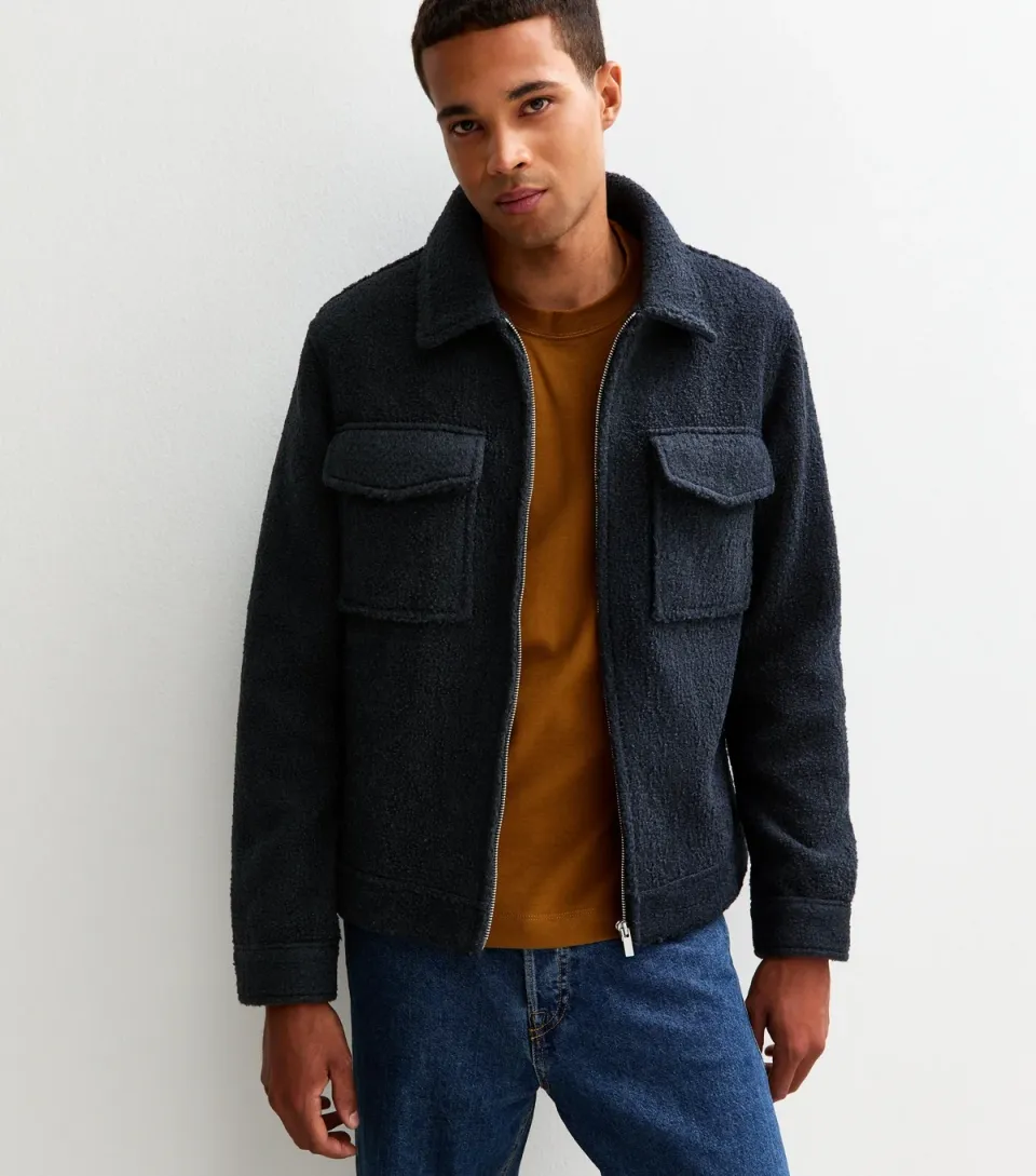 Men's Navy Regular Fit Boucle Texture Jacket