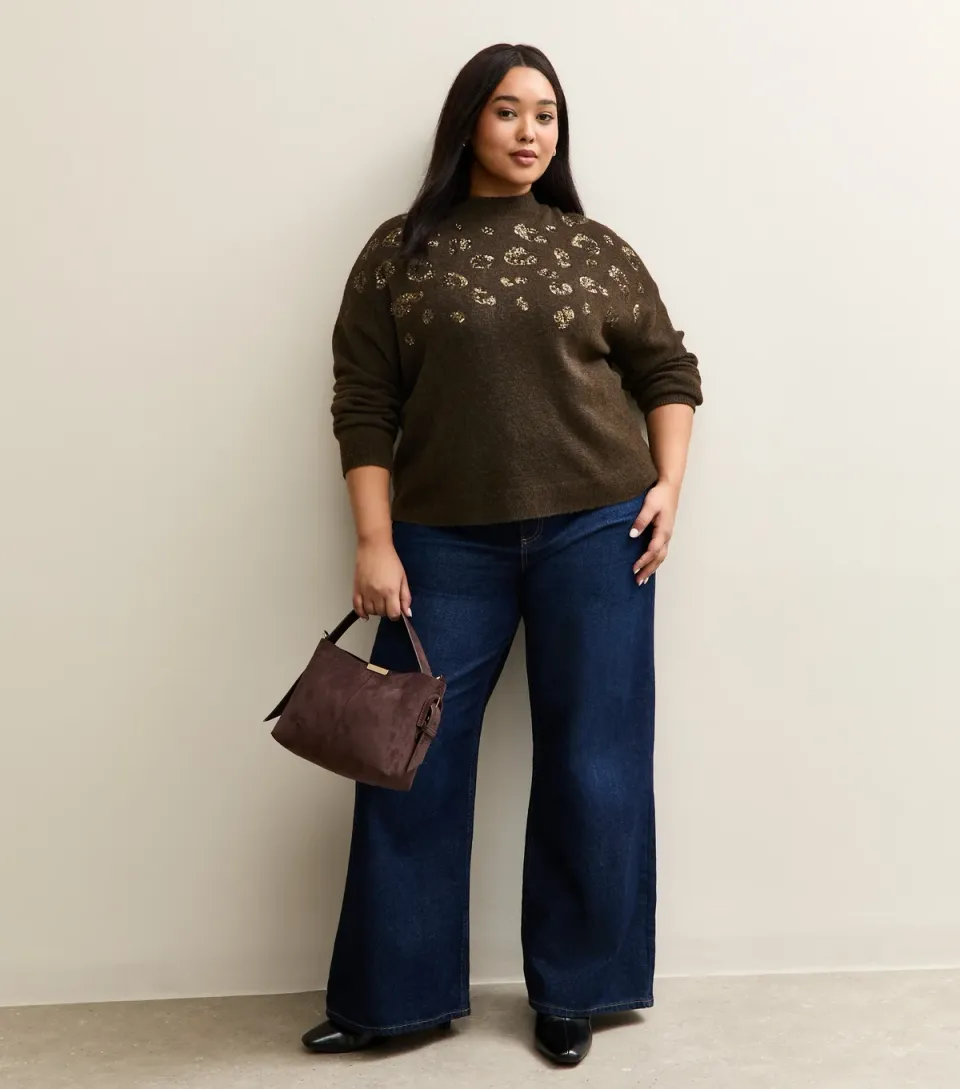 Women's Plus Size Brown Sequin Leopard Knit Jumper Curves