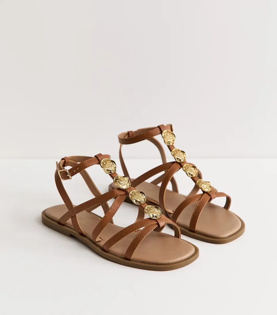 Women's Wide Fit Faux Leather Tan Flat Gladiator Sandals Vegan