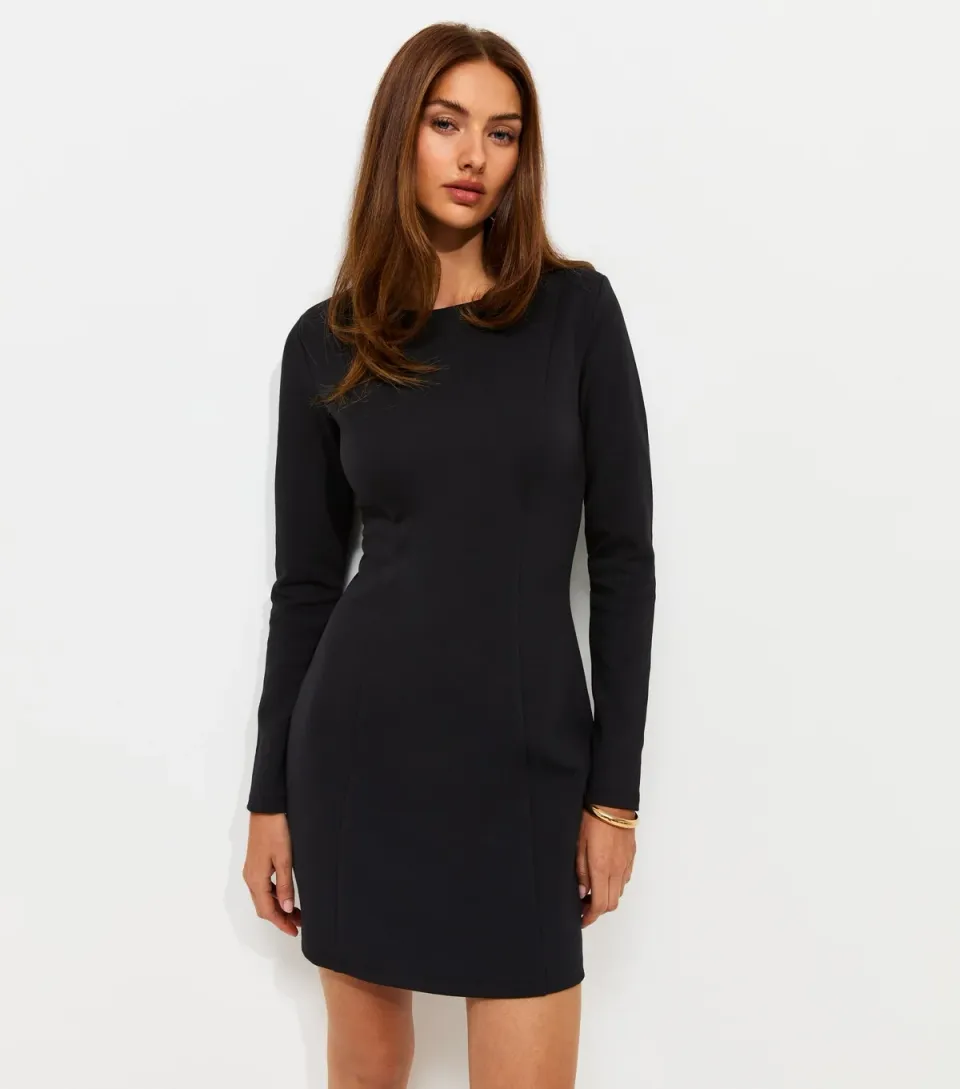 Women's Black Cotton Rich Ponte Long Sleeve High Neck Mini Dress