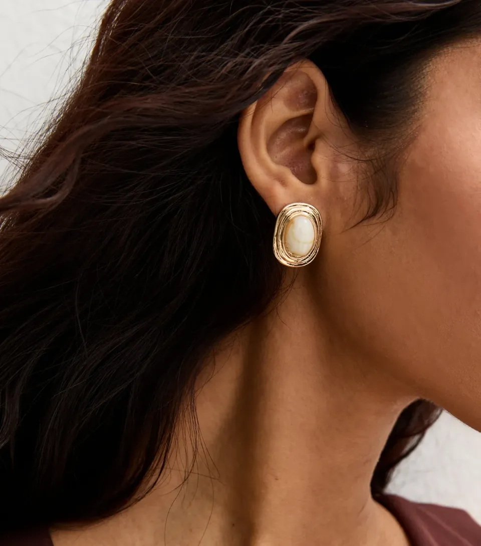 Gold Tone Oval Cream Centre Earrings