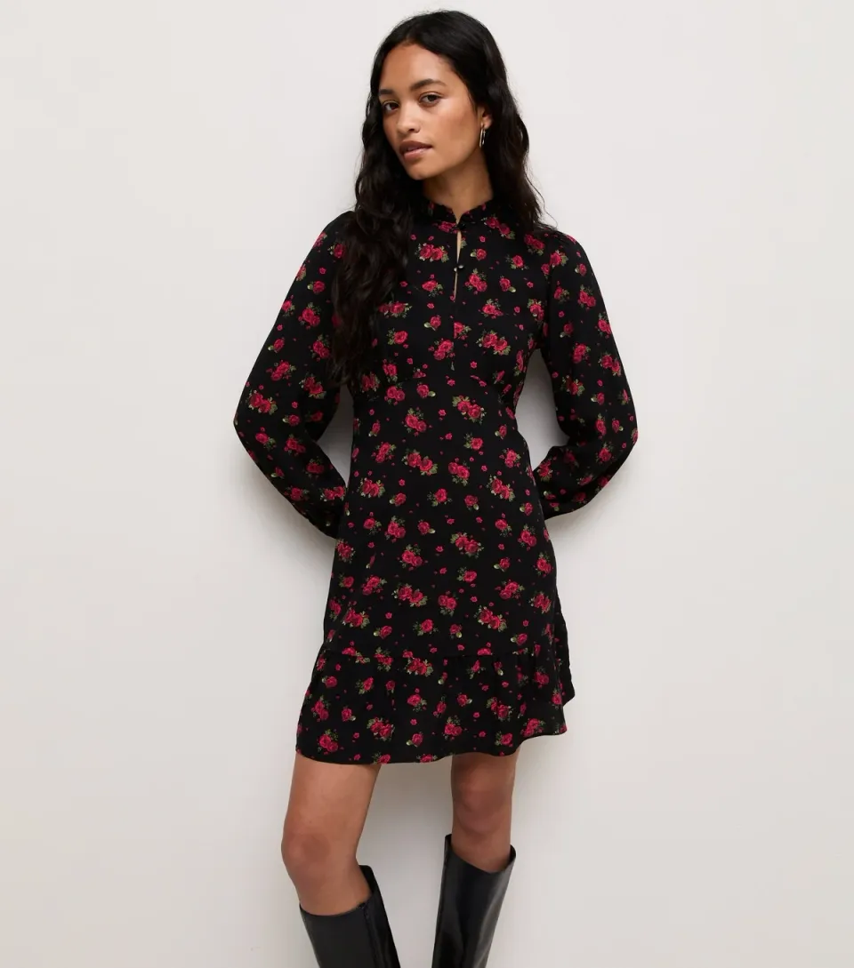 Women's Red Rose Print Frill Collar Long Sleeve Button Mini Dress