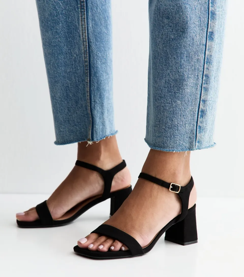 Women's Black Faux Suede Square Toe Block Heel Sandals Vegan